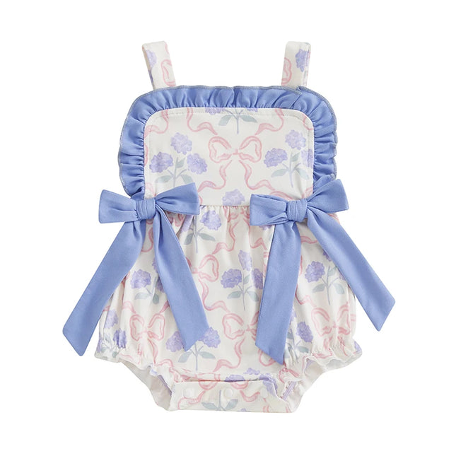 Pudcoco Baby Girl Romper for Summer Loose Fit Flower Bow Print Ruffled Trim Sleeveless Infant Jumpsuit 0-18M
