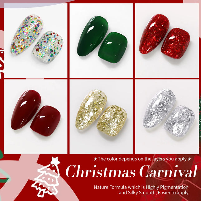 BORN PRETTY 6 Bottles Christmas Carnival Nail Polish Set 6ml Red Green Glitter Natural Air Dry Nail Art Varnish DIY Manicure