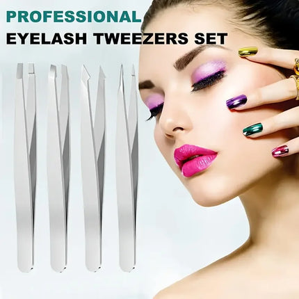 4pcs Professional Tweezers Set Stainless Steel Perfect for Grooming Eyebrow Hair Removal Splinter and Ingrown Hair Removal More
