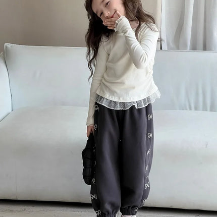 Girls Lace T-shirt 2024 Autumn New Slim Fit Girl Top Children Stylish Versatile High Elasticity Knitted Sweater