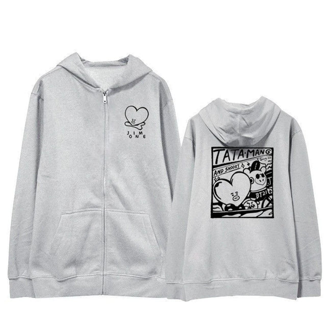 kpop Y2K cartoon Love Grey Hoodies Pullover Zipper Woman mark clothing y2k streetwear loose fashion Sweatshirts cardigan jacket