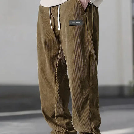 2025 Autumn Winter Men's Casual Pants Striped Corduroy Loose Fashion Cargo Straight Pants Fitness Sports Hip Hop Pants