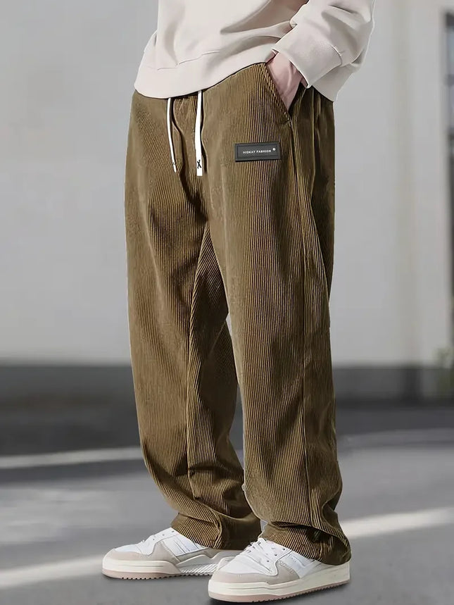 2025 Autumn Winter Men's Casual Pants Striped Corduroy Loose Fashion Cargo Straight Pants Fitness Sports Hip Hop Pants