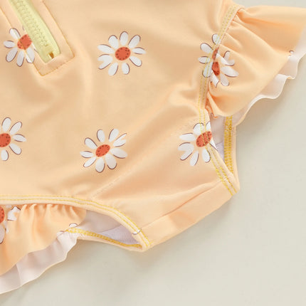 Baby Girls Swimsuit, Long Sleeve Flower Print Zipped Bikini with Hat Newborn Swimwear for Summer Bathing