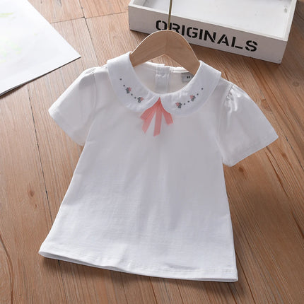 Kids Shirt Embroidered Peter Pan Collar Pink Bow Short Sleeve Summer Clothing for Ages 3-6 Girls