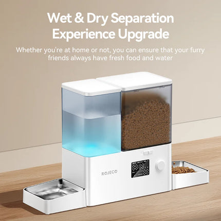 ROJECO 8.5L 2In1 Automatic Pet Feeder Gravity Water Fountain Button Version Auto 5L Cat Kibble Dispenser with 3.5L Water Refill