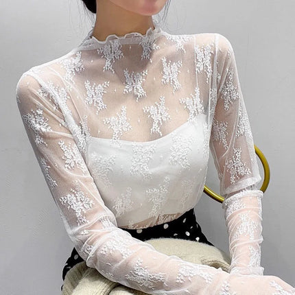 Sexy Black Hollow Out Mesh T-Shirt Transparent Mesh Female Tops Long Sleeve Basic Shirts SeeThrough Turtleneck Women Tshirts