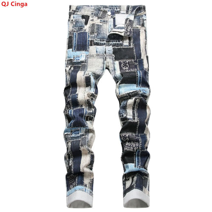 Best-selling Men's Stretch Jeans, Blue Checkered Denim Pants, Casual Trousers in Asian Sizes.
