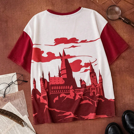 HARRY POTTER Tween Girl Owl Castle Pattern Print Loose Fit Short Sleeve T-shirts Children's Summer Casual Sports Round Neck Tops