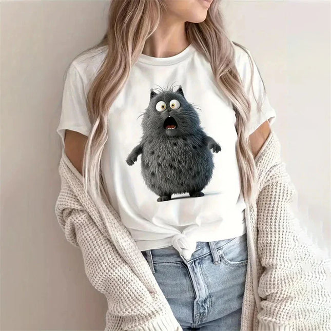 2025 New Cat Black Pattern T-Shirt for Women Funny Animal 3D Print T Shirts Summer Tees Short Sleeves Crew Neck Tops Streetwear