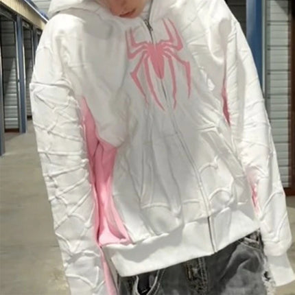 New Gothic Dark Spider Print Hooded Cardigan Full Chain Loose Male and Female Trendy Brand Sweater Coat Y2k Style