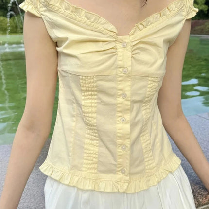 Blue Striped Folds Blouse Top Women New Casual Single Breasted Ruffle Sleeveless Tank Tops Vest Sweet Preppy Style Camisole Y2K