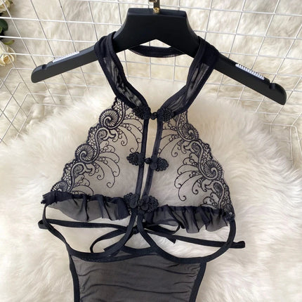 See-through Sleevless Halter Playsuits Lace Sheer Open Crotch Lingerie Rompers Women Erotic Hollow Sexy Bodysuits Party Jumpsuit