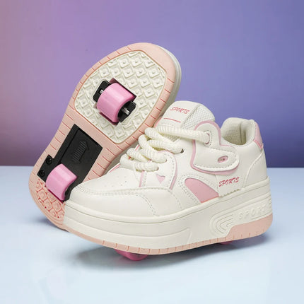 Children's Roller Skating Shoes, Detachable Double Wheels, Boys' Outdoor Skating Amusement Sneakers, Girls' Comfortable Soft Board Shoes