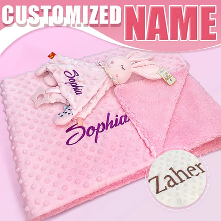 Personalized Soft Plush Baby Blanket with Name Newborn Stroller Sleeping Dolls Custom Towel Cover -appease Soother Gift