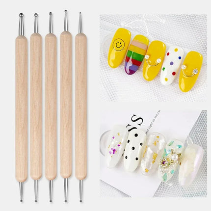 RHJB 10bag/50pcs Point Drill Pen Wooden Pen Bar Stirring Nail Polish Draw Five Petals Flower Polka Dot Double Head Stainless Bar