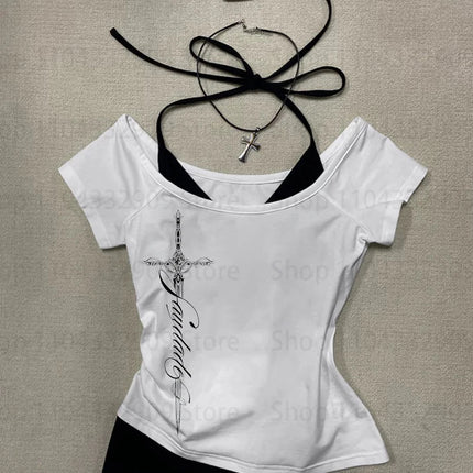 Y2K Harajuku Aesthetic Gothic Fairycore Long Sleeve Tee Character Slim Chic Print Casual Crop Top Grunge Punk Hip Hop Streetwear