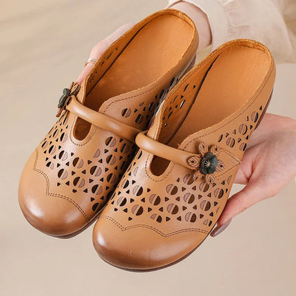 New Women's Breathable Perforated Leather Mules Vintage Tassel Slip on Flats Woman Casual Summer Shoes Hollow Slippers Outdoor