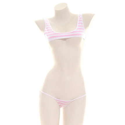 Sexy Lingerie Lolita Kawaii Blue Pink White Striped Mini Bikini Adult Cosplay Erotic Costumes Bra Women Underwear Set