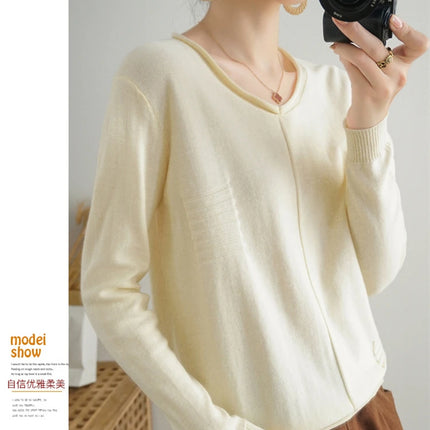2023 Autumn/Winter Women's New Pullover Casual Solid 100% Cotton Knitted V-Neck Loose Sweater Fashion Soft Breathable Top