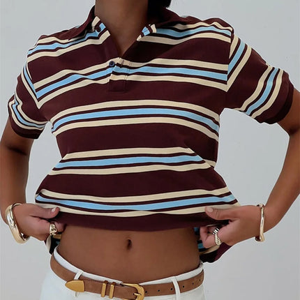 Women Summer Basic T-Shirt Casual Striped Print Lapel Short Sleeve Tops For Streetwear Aesthetic Grunge Clothes Hot Sale S-XL