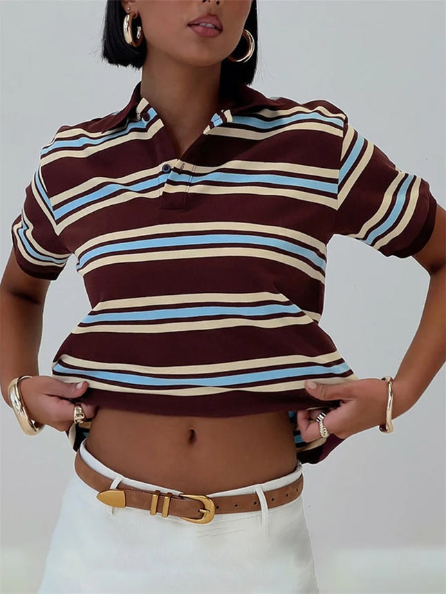 Women's Summer Basic T-Shirt Casual Striped Print Lapel Short Sleeve Tops For Streetwear Aesthetic Grunge Clothes Hot Sale S-XL