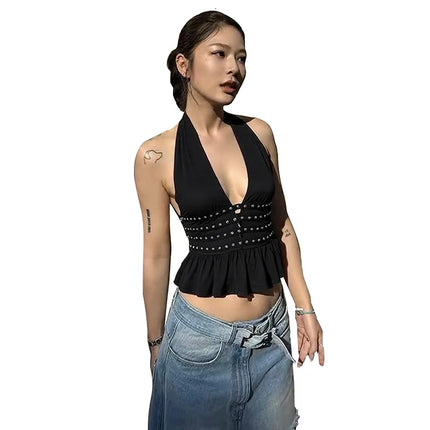 Weird Puss Rivet Ruffles Backless Tank Tops Women Hipster Halter V-Neck Sexy Midnight Street Summer Trend Hottie Coquette Tops