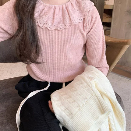 1-12 Years Long-Sleeved Shirts Children's Spring Knitted Tops Baby's Lace 2025 Lace Base Shirt Korean Girls Ruffle Collar T-shirt
