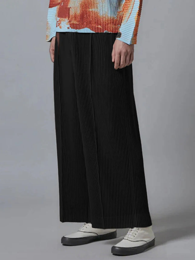 New Miyake Pleated Man Wide Leg Pants Baggy Casual High Street Long Pants
