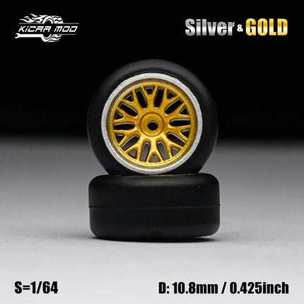 1/64 Model Car Gold and Silver Wheels with Fixed Rubber Tires Comes with Rivets for Diecast Model Refitting Parts for Hot Wheels