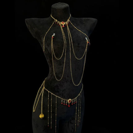 Red Gem Nipple Clamps Body Chain Integrated Sensual Body Restraint Sexy Accessories Breast Clips Bell Pendants Adult Sex Toys