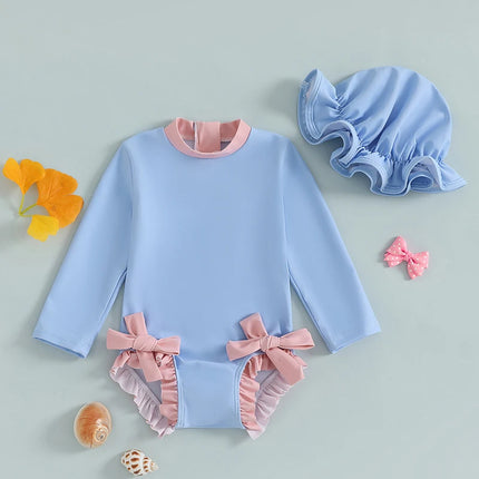 0-3Y Kids Baby Girl Rash Guard Swimsuits Lovely Bow Print Long Sleeve Ruffled Trim Romper Bathing Suit Infants Swimwear with Cap