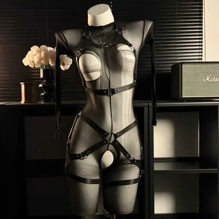 New Hollow Out Black Leather Bandage Open Crotch Bodysuit Women Sexy Lingerie See Through Crotchless Fullbody Stocking Costume