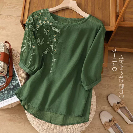 Fashion Thin Cotton Linen Y2k Tops Tee Women Clothing Summer Loose T Shirts Woman Embroidered T-shirt Blusa Casual Ladies tshirt