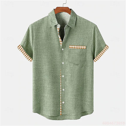 2026 Summer Men's Short-Sleeve Shirt, Coconut Tree Print, Color-Blocked Placket, Casual Vacation Beach Shirt, Hawaiian Shirt