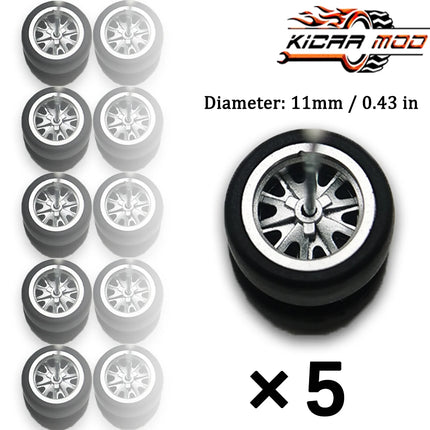 1/64 Model Wheels Rubber Slick Tires ABS Wheels for Hot Wheels  Tomica Mainline Diecast Model Car Refit Parts-Dia 11mm (5 Set)