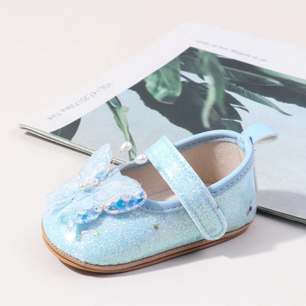 Shiny 3D Butterfly Princess Dress Shoes for Baby Girl Glitters Flats Non-Slip Crib Shoes Walking Shoes for Toddlers Infants