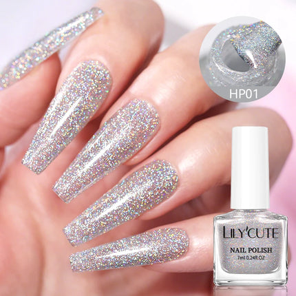 LILYCUTE 7ml Sliver Holographic Nail Polish Glitter Colorful Shining Effect Nail Art Varnish No Need Lamp Air Dry