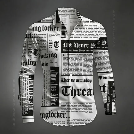 Men's Shirt Long Sleeved Shirt Newspaper Letter Print Retro Casual Single Breasted Shirt Street Style Trendy Men's Top XS-6XL