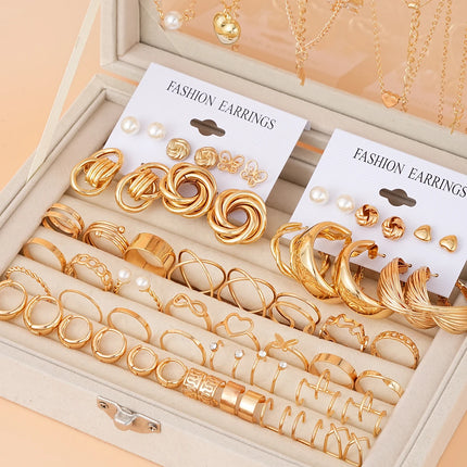 68 Pcs Boho Chic Jewelry Set Vintage Heart Pearl Zircon Butterfly Pendant Earrings Ring Necklace For Women Daily Wear Gifts 2024