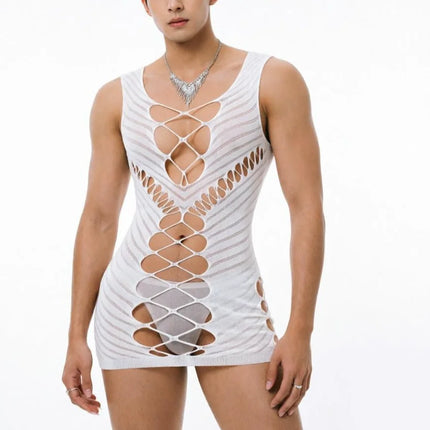 Sissy Night Dress for Fetish Male Underwear Sexy Bodysuits Men's Lingerie Hollow Out Fishnet Sleepwear Ropa Interior Hombres