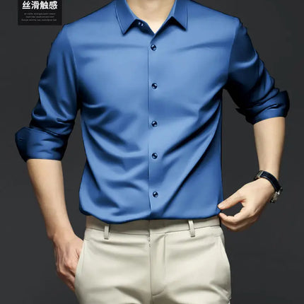 S-6XL Men's Long Sleeve Shirt Luxury Wrinkle Resistant Pure White Shirt Business Dress Casual Ice Silk Glossy Shirt
