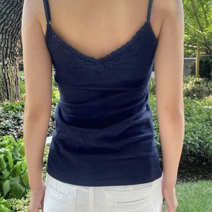 Navy Bow Lace Trim Slim Tank Top Women Sexy V Neck Cotton Sleeveless Cropped Vest Casual Vintage Sweet Summer Crop Top Y2k Camis