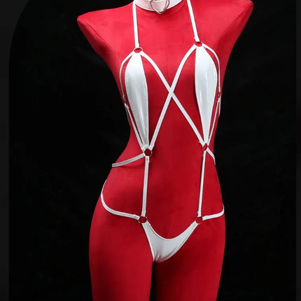 Women Patent Leather Harness Lingerie with Heart Choker Open Back Crotch less Erotic Bodysuit Intimate Club wear for Night Party