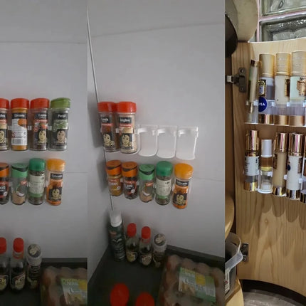Wall Mounted Spice Bottle Storage Rack Kitchen Seasoning Holder Adhesive Plastic Clip Cabinet Door Spice Jar/Cosmetic Dispenser