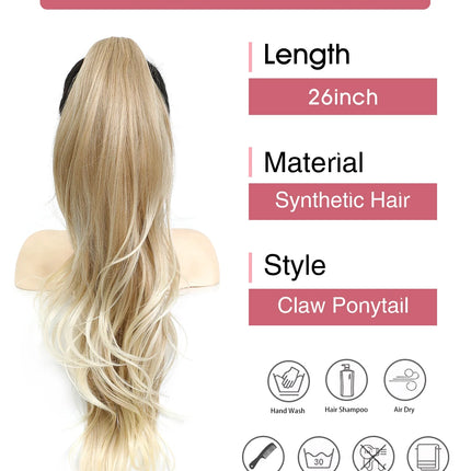 26Inches Claw Clips On Body Wave Ponytail 180Gram Ombre Brown Blond P27/ 613 High Temperature Synthetic Hair Extensions