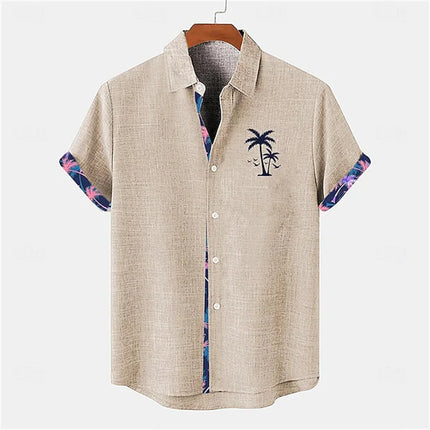 2026 Summer Men's Short-Sleeve Shirt, Coconut Tree Print, Color-Blocked Placket, Casual Vacation Beach Shirt, Hawaiian Shirt