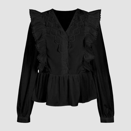Plus Size Casual Solid Colour Lace Patchwork Ruffled Long Sleeve Top 2025 Autumn New Arrival Everyday Fashion