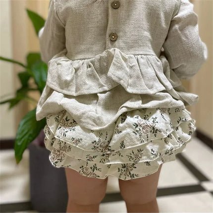 Toddler Cotton Linen Ruffle Tops + Tutu Bloomers Shorts 2pcs Outfits Spring Baby Girl Clothes Sets Princess Girl Outfits 0-3T