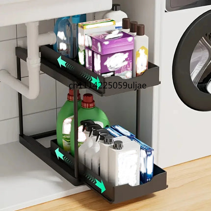 Double-layer pull-out kitchen storage rack multi-functional organizer, shelf, suitable for kitchen sink storage